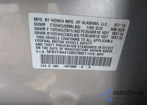 2013 Honda Pilot Ex from USA, damaged, VIN 5FNYF4H41DB078021